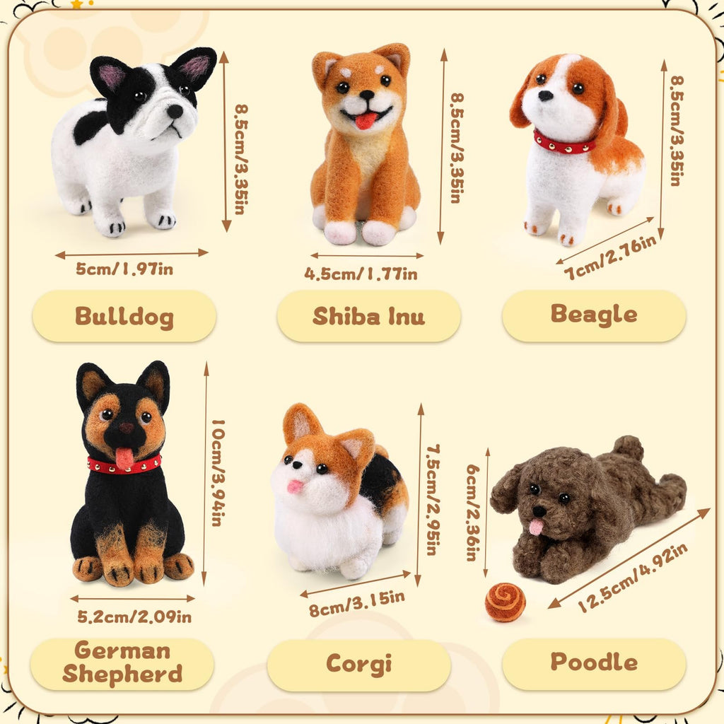 Six needle-felted dog figures with dimensions and breed names: Bulldog, Shiba Inu, Beagle, German Shepherd, Corgi, and Poodle.
