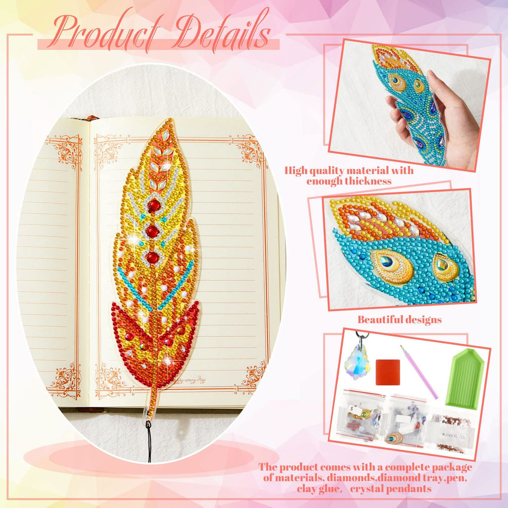 Diamond painting bookmark kit with feather designs, showing finished bookmarks and included accessories.