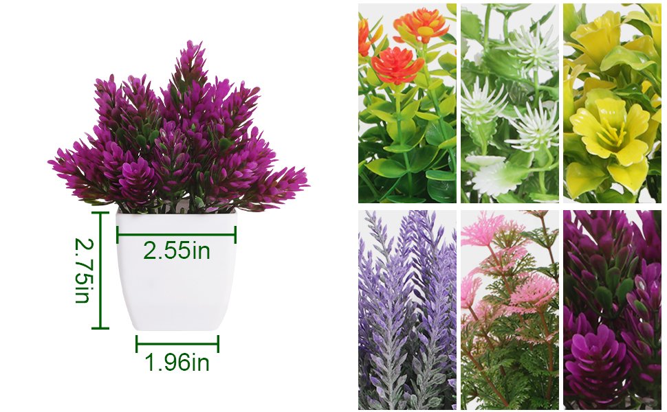 Six artificial potted plants in white pots, showing purple, orange, white, yellow, lavender, and pink varieties with dimensions indicated.