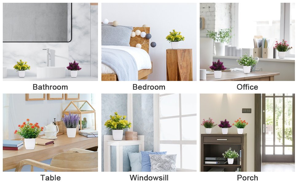 Collage of artificial potted plants in various home settings: bathroom, bedroom, office, table, windowsill, and porch.