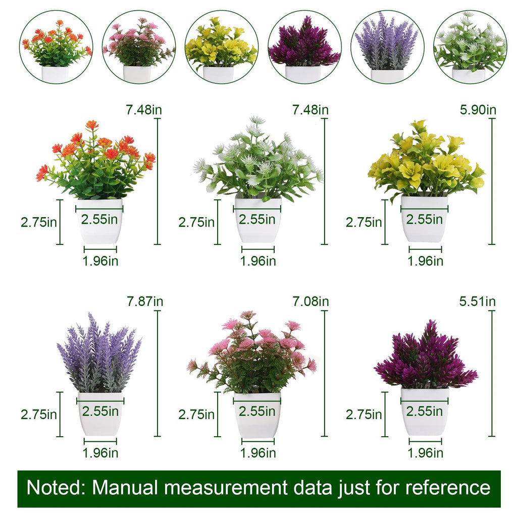 Six artificial potted plants in white pots with dimensions labeled, showing various colors and sizes.