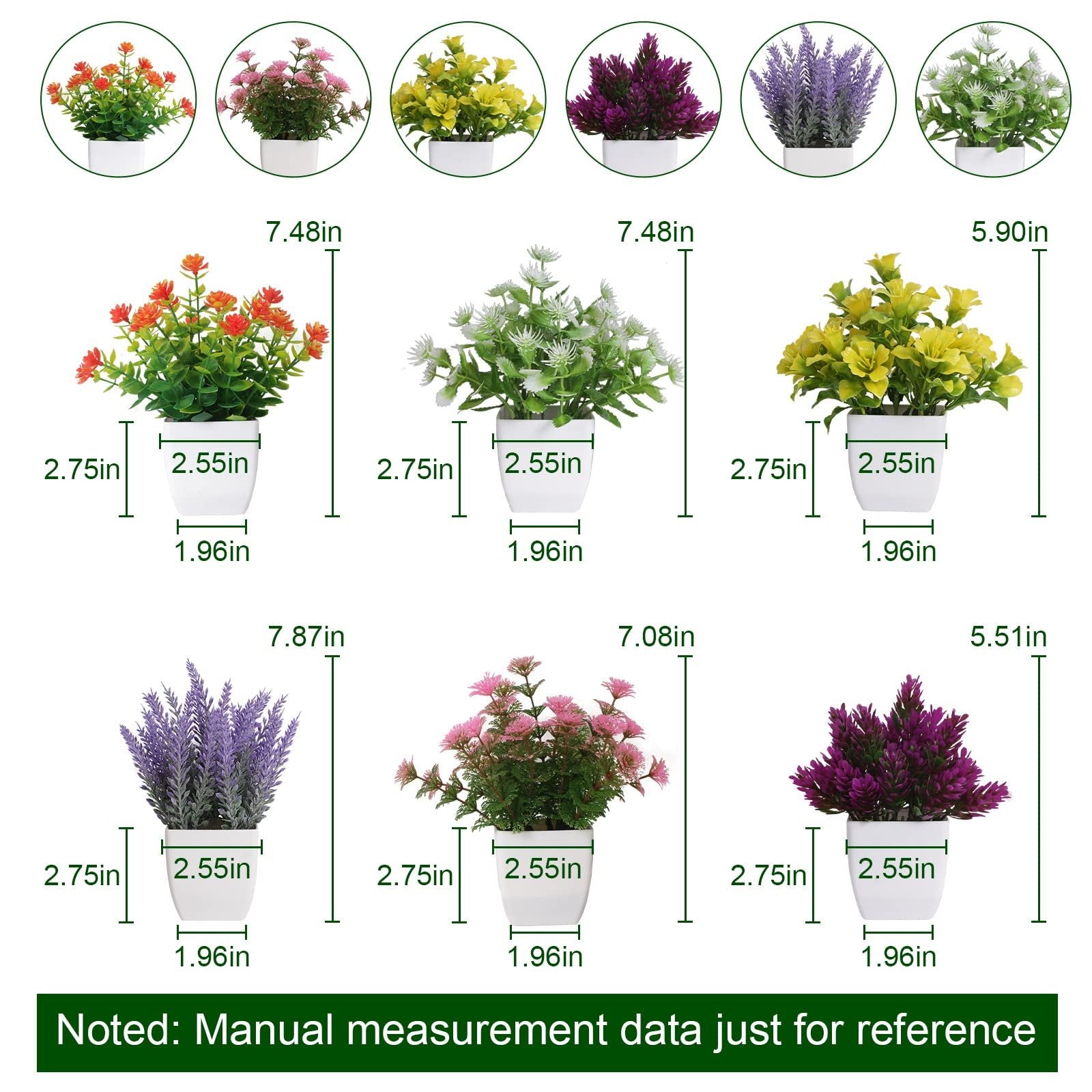 Six artificial potted plants in white pots with dimensions labeled, showing various colors and sizes.