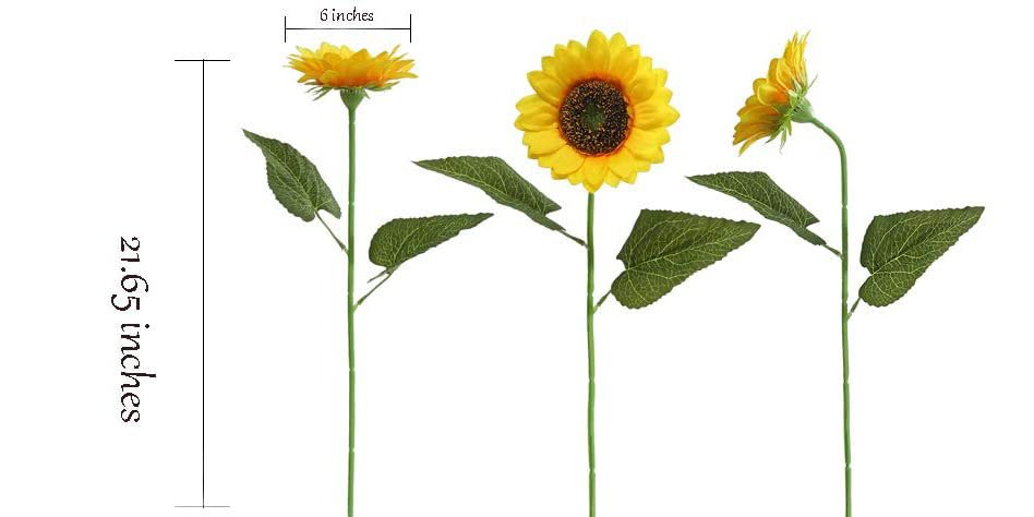 Three artificial sunflowers with green stems and leaves, showing different angles and dimensions.