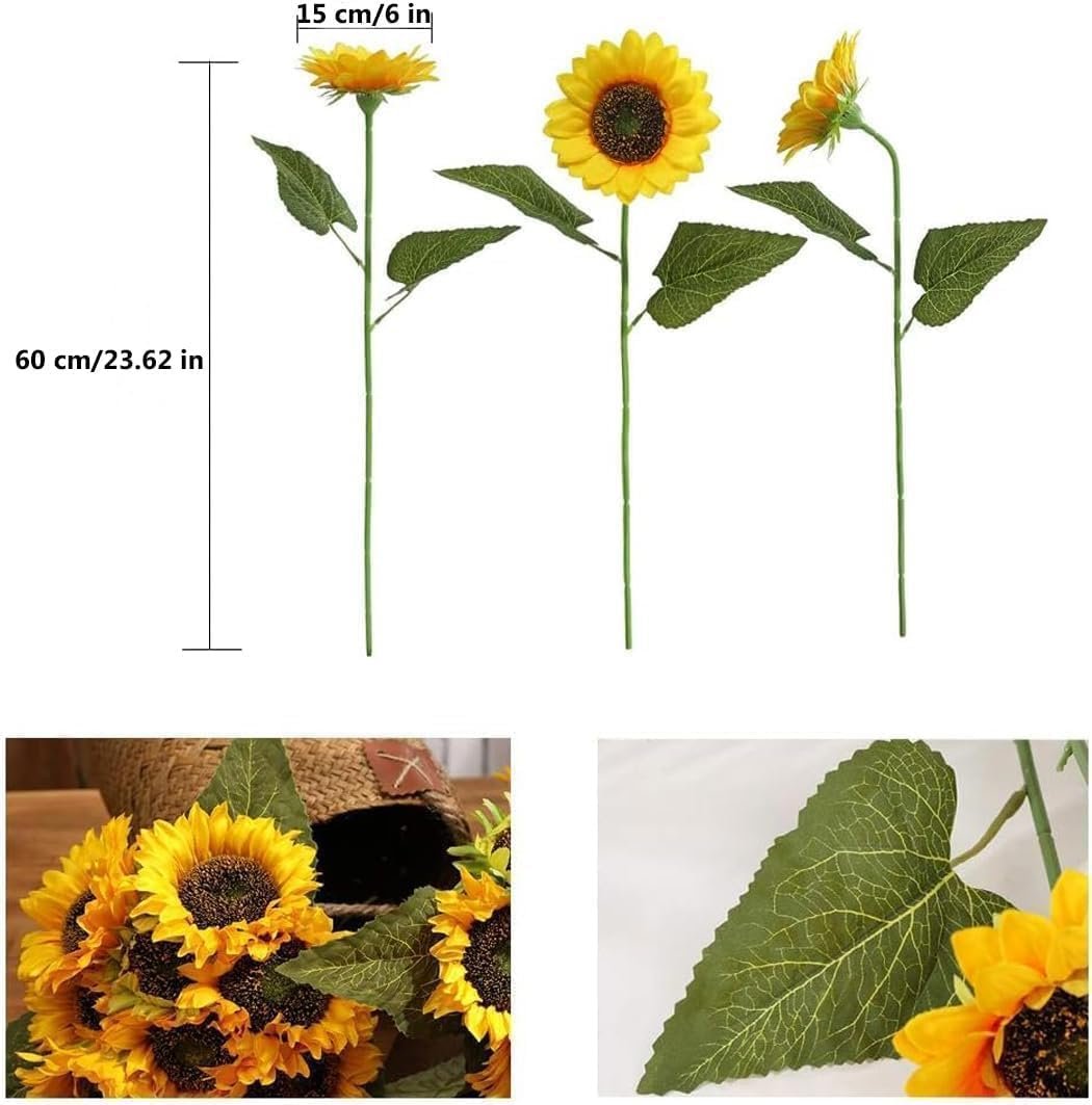 Three artificial sunflower stems with green leaves, showing different angles and dimensions.
