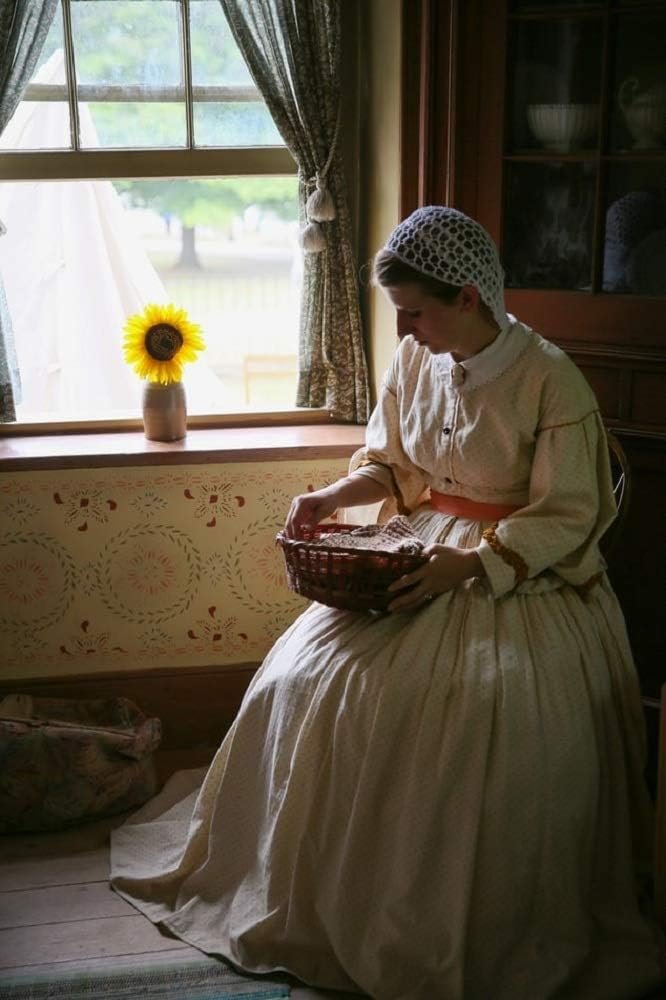 Woman in historical dress holding a basket by a window with a single sunflower in a vase.