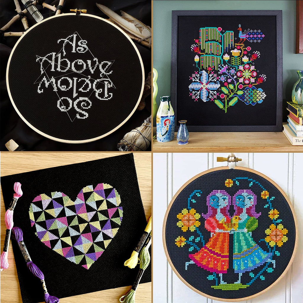 Four cross-stitch designs on black Aida cloth: 'As Above So Below' text, colorful floral pattern, geometric heart, and two figures.