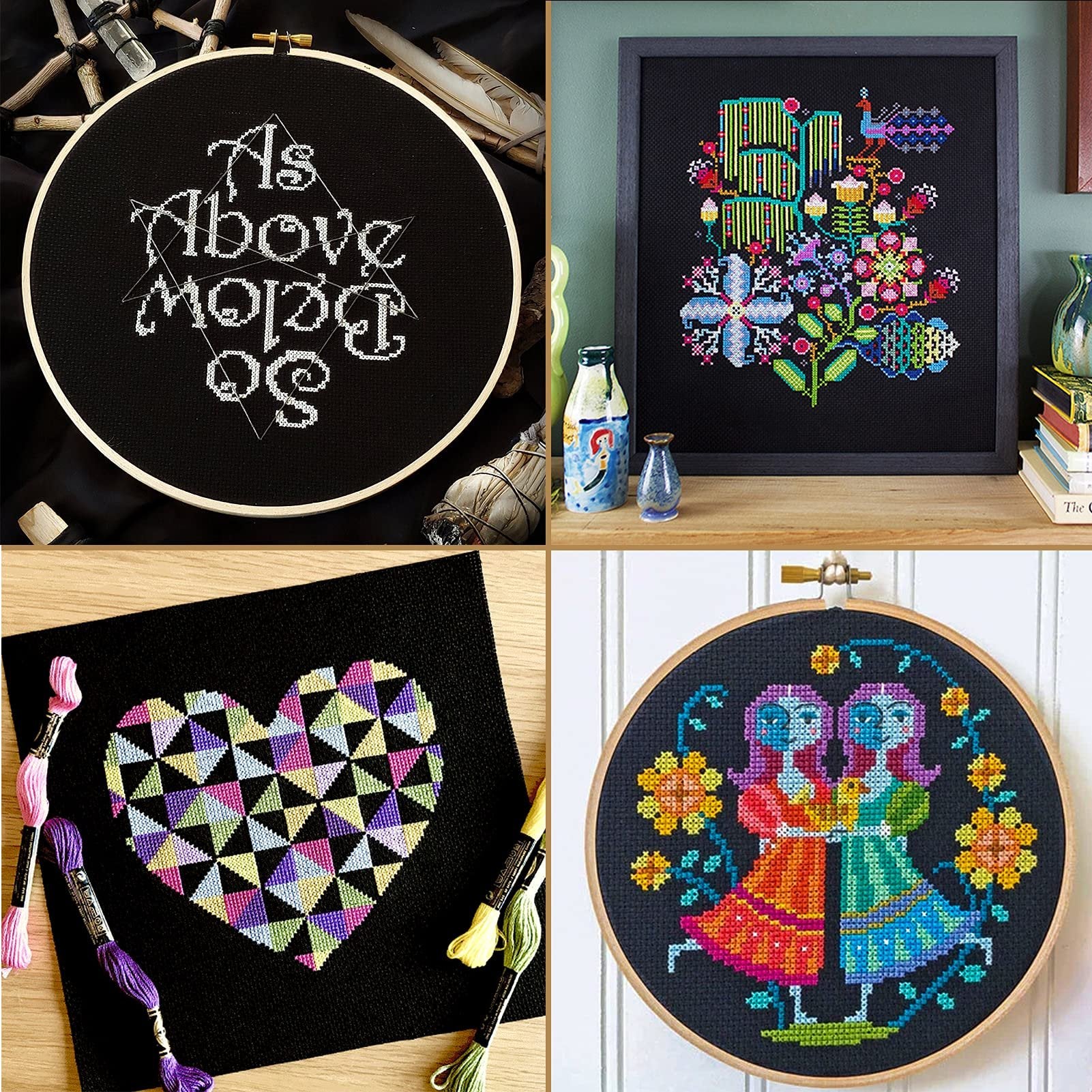 Four cross-stitch designs on black Aida cloth: 'As Above So Below' text, colorful floral pattern, geometric heart, and two figures.