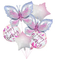 Two pink and blue butterfly foil balloons and three star balloons with 'Happy Birthday' text on white background