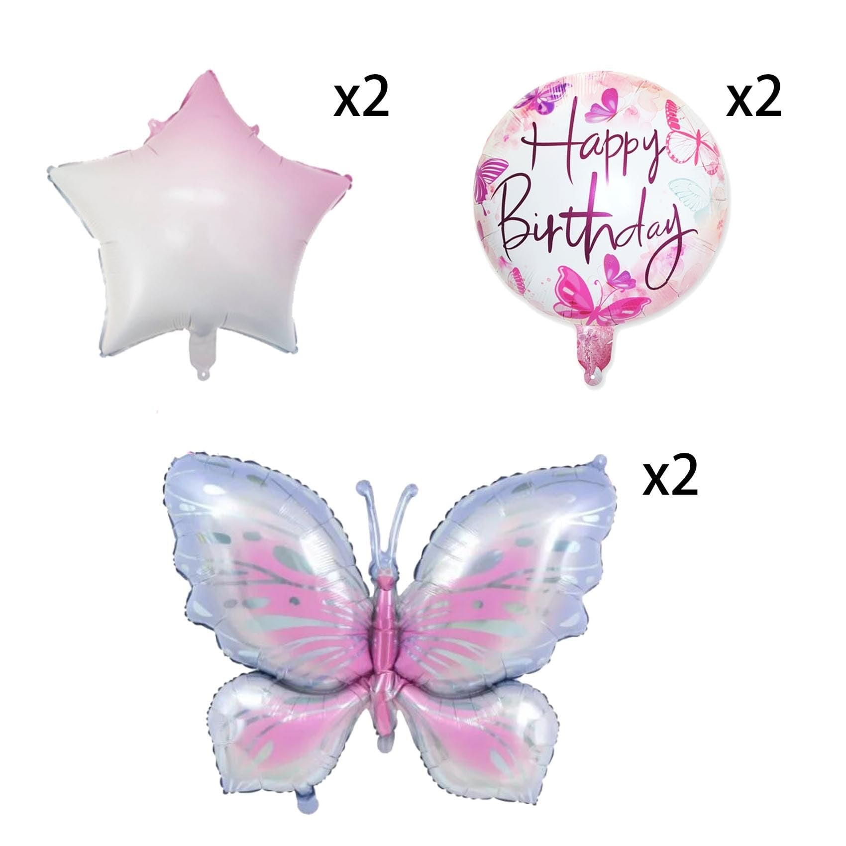 Set of three foil balloons: a pink and white ombre star, a round 'Happy Birthday' balloon with butterflies, and a large butterfly balloon.