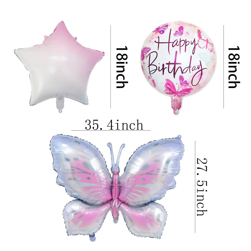 Three foil balloons: a pink and white ombre star, a round 'Happy Birthday' balloon with butterflies, and a large butterfly balloon.