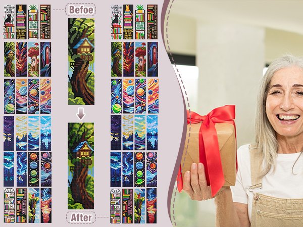 Cross stitch bookmark kit designs before and after completion, with a woman holding a gift.