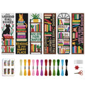 Cross stitch bookmark kit with six different designs, embroidery floss, needles, and scissors. Designs include cats, books, plants, and text.