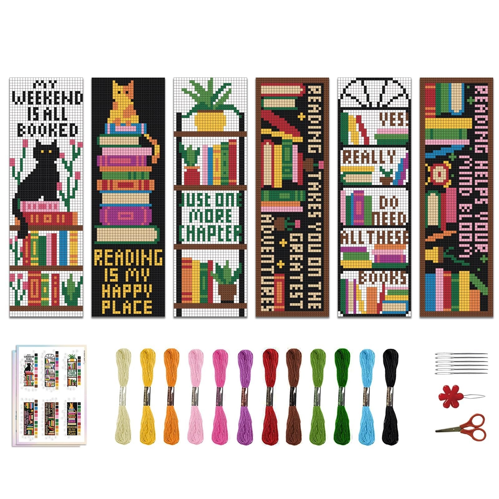 Cross stitch bookmark kit with six different designs, embroidery floss, needles, and scissors. Designs include cats, books, plants, and text.