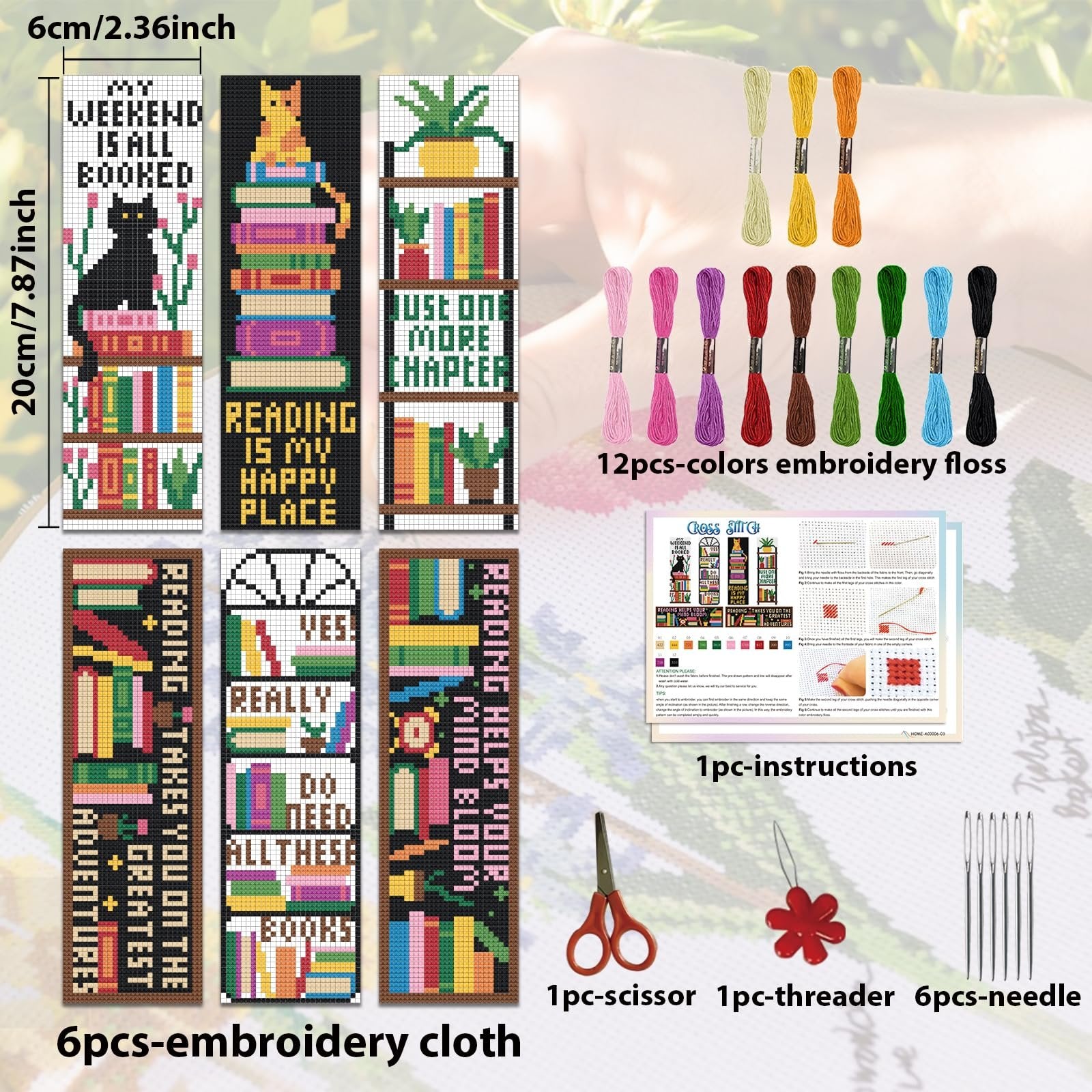 Cross stitch bookmark kit contents including stamped cloth, embroidery floss, needles, scissors, threader, and instructions.