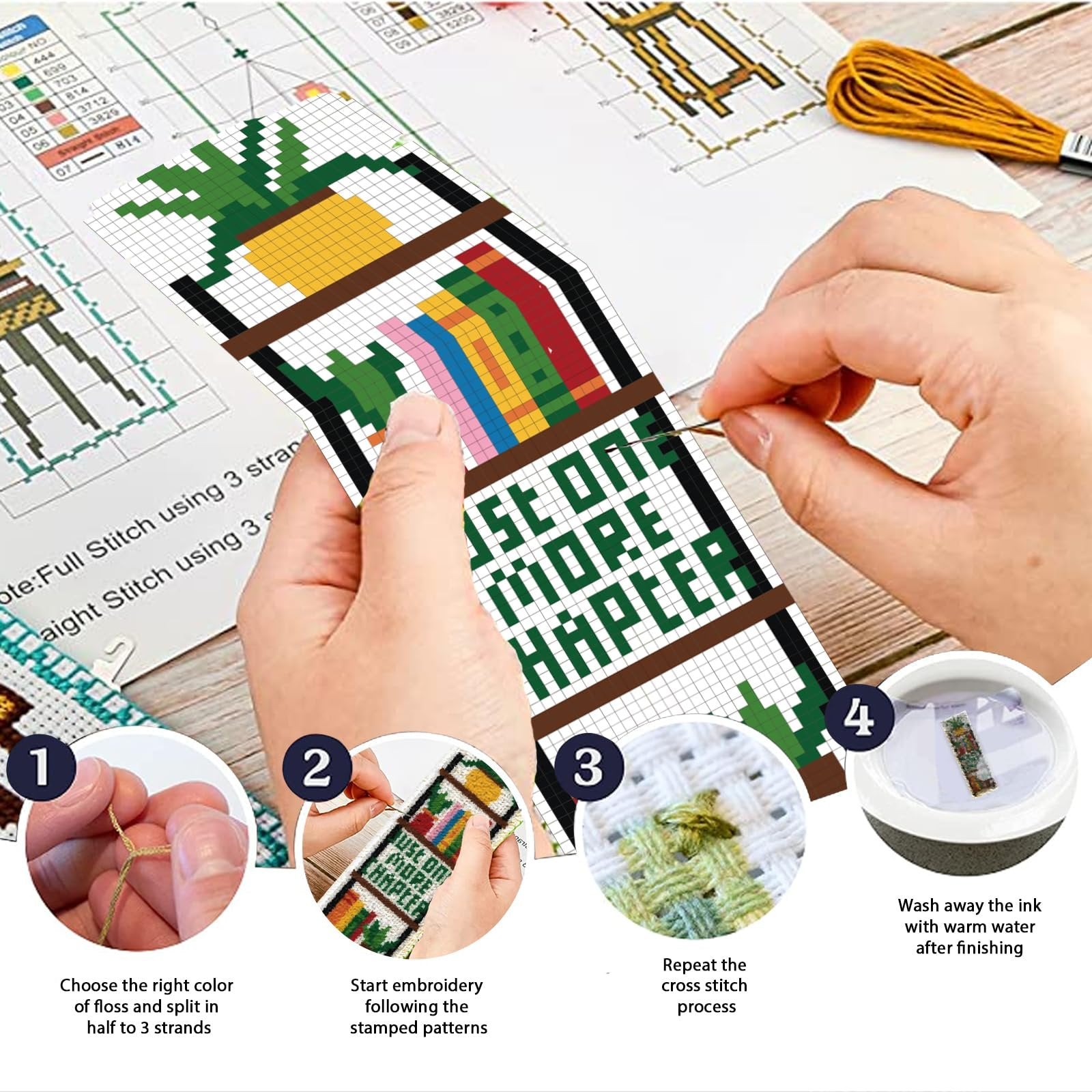 Cross stitch bookmark kit in progress, showing pineapple and book pattern with text 'Just One More Chapter'.