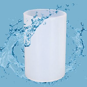 White cylindrical silicone mold with water splashing around it against a light blue background.