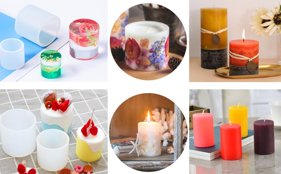 Collage of silicone molds and finished candles, resin crafts, and decorative soaps.