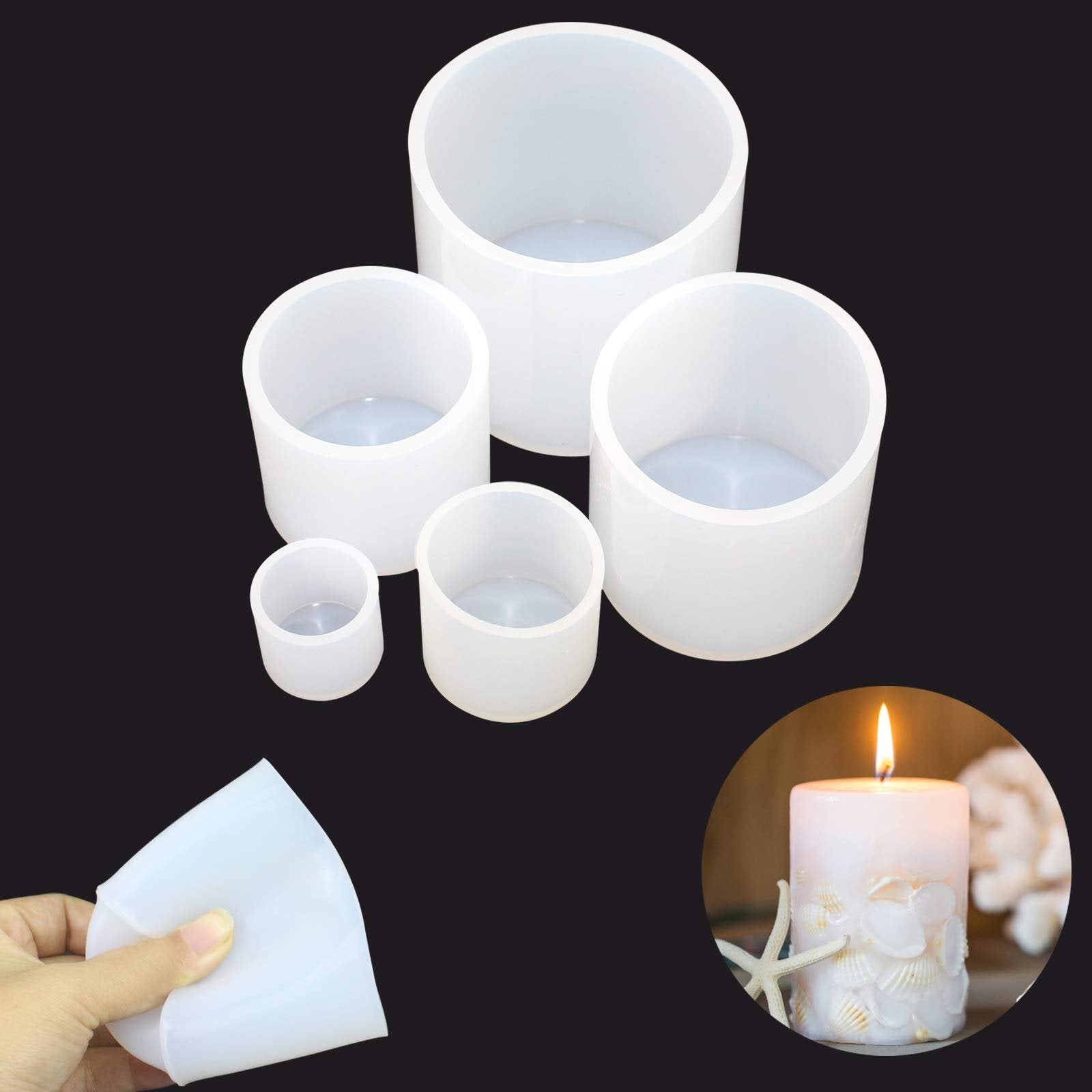 Set of five graduated cylinder silicone molds on black background with a hand holding a flexible mold piece and a circular inset showing a decorated candle.