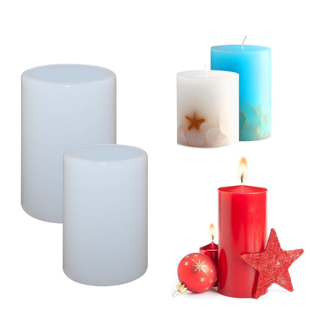 Two clear silicone cylinder molds on the left, and three finished candles with decorative elements on the right.