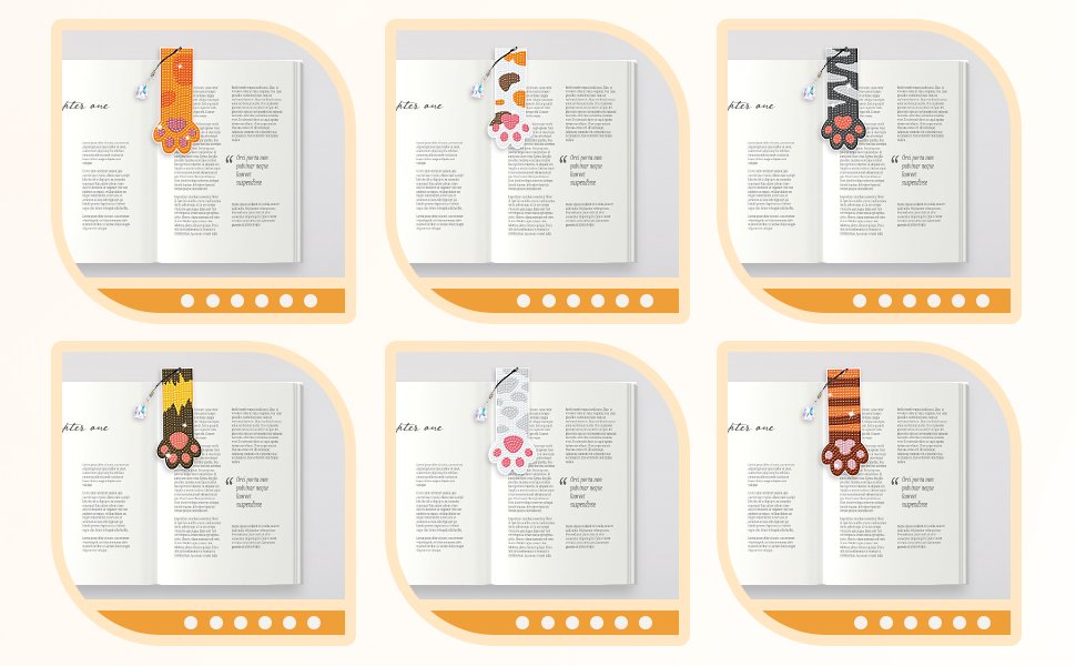 Six diamond painting cat paw bookmark kits with crystal pendants displayed on open books