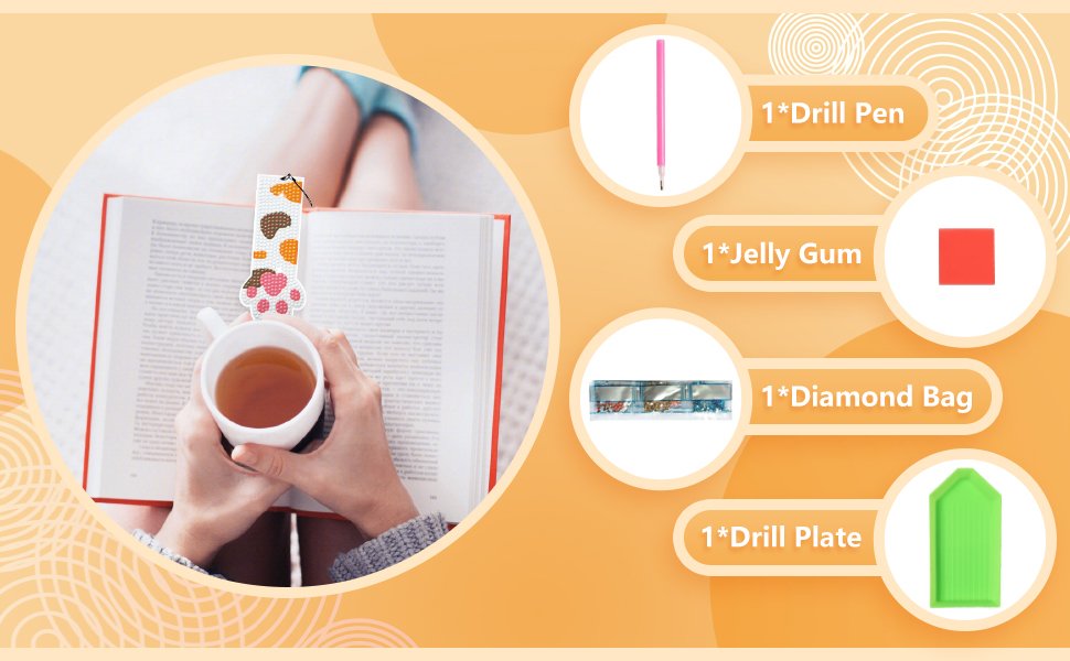 Diamond painting cat paw bookmark kit contents shown with a person reading a book and holding a cup of tea.