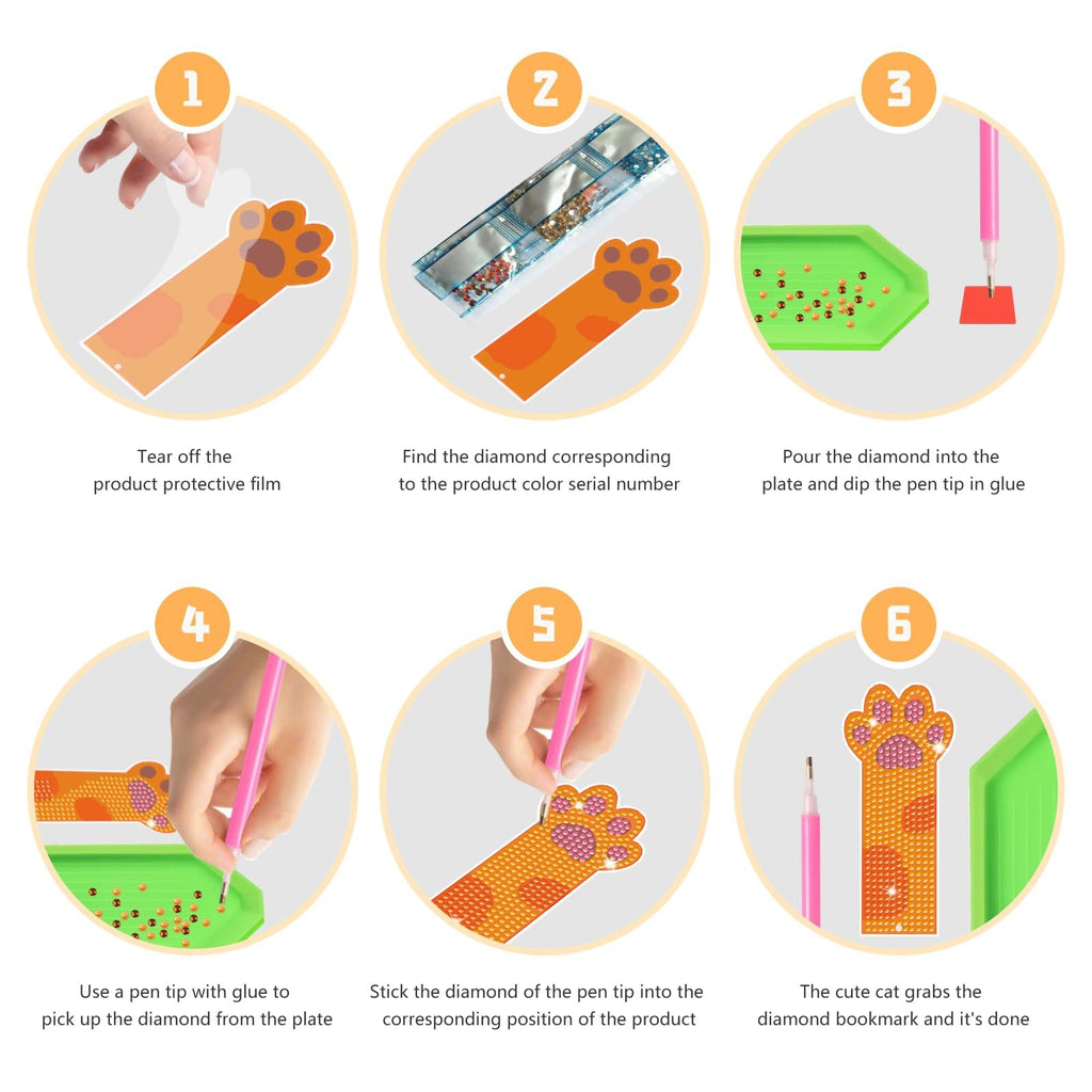 Diamond painting cat paw bookmark kit instructions showing 6 steps from peeling film to finished bookmark.