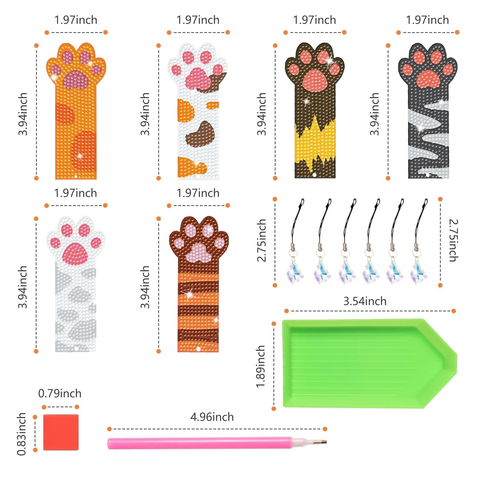 Diamond painting cat paw bookmark kit components with dimensions shown: six bookmarks, crystal pendants, tool accessories, and tray.