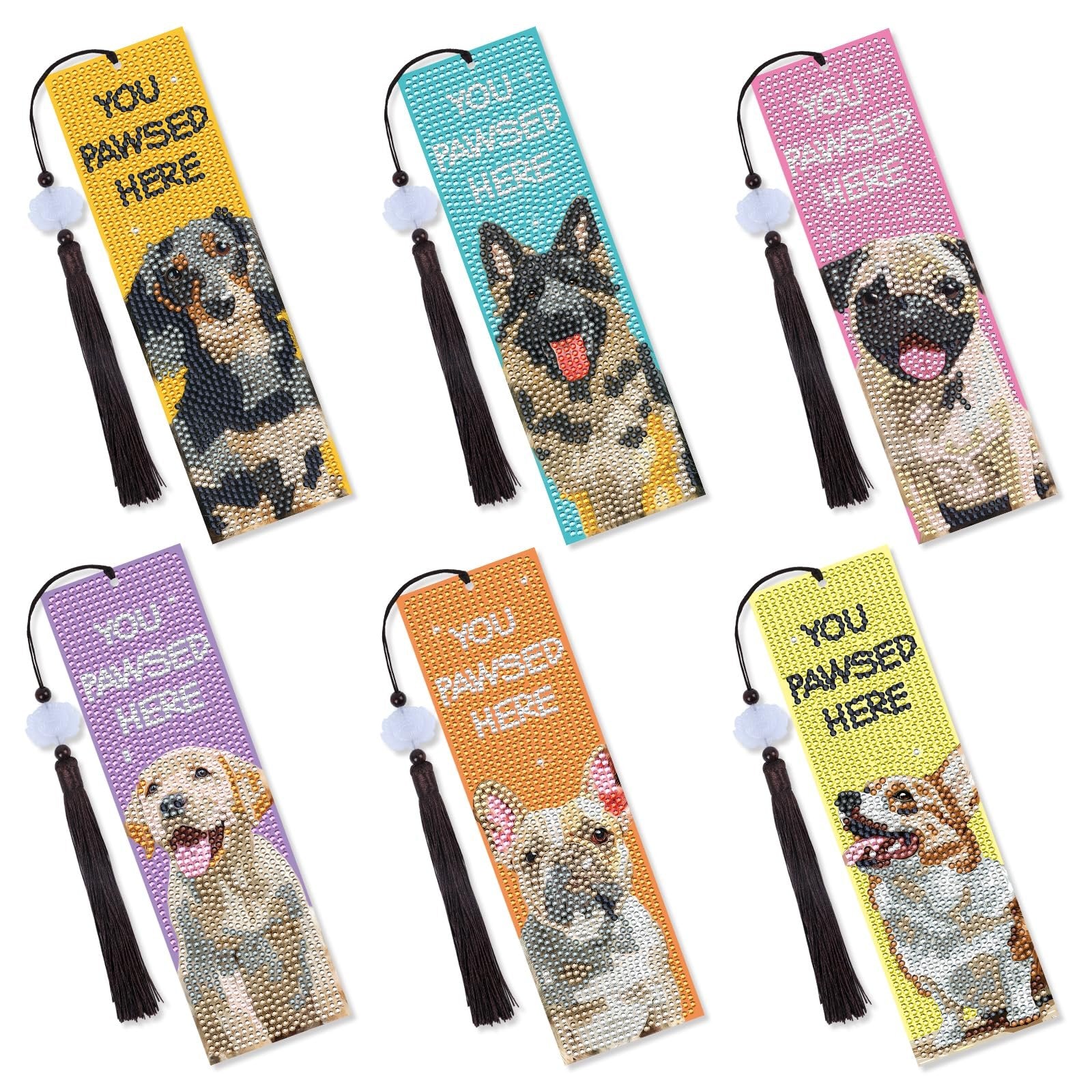 Six diamond art dog portrait bookmarks with tassels and charms, each featuring a different dog breed and text.