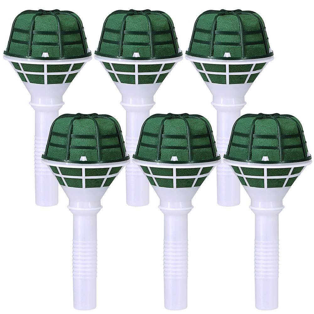 Six green foam floral bouquet holders with white plastic handles arranged in two rows on a white background.