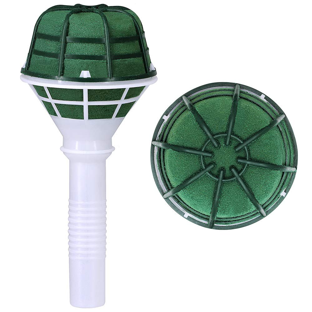 Two green floral foam bouquet holders with white plastic handles shown from side and top angles on a white background.