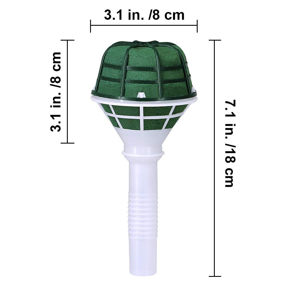 Green foam floral bouquet holder with white plastic handle, showing dimensions 7.1 inches tall and 3.1 inches wide.