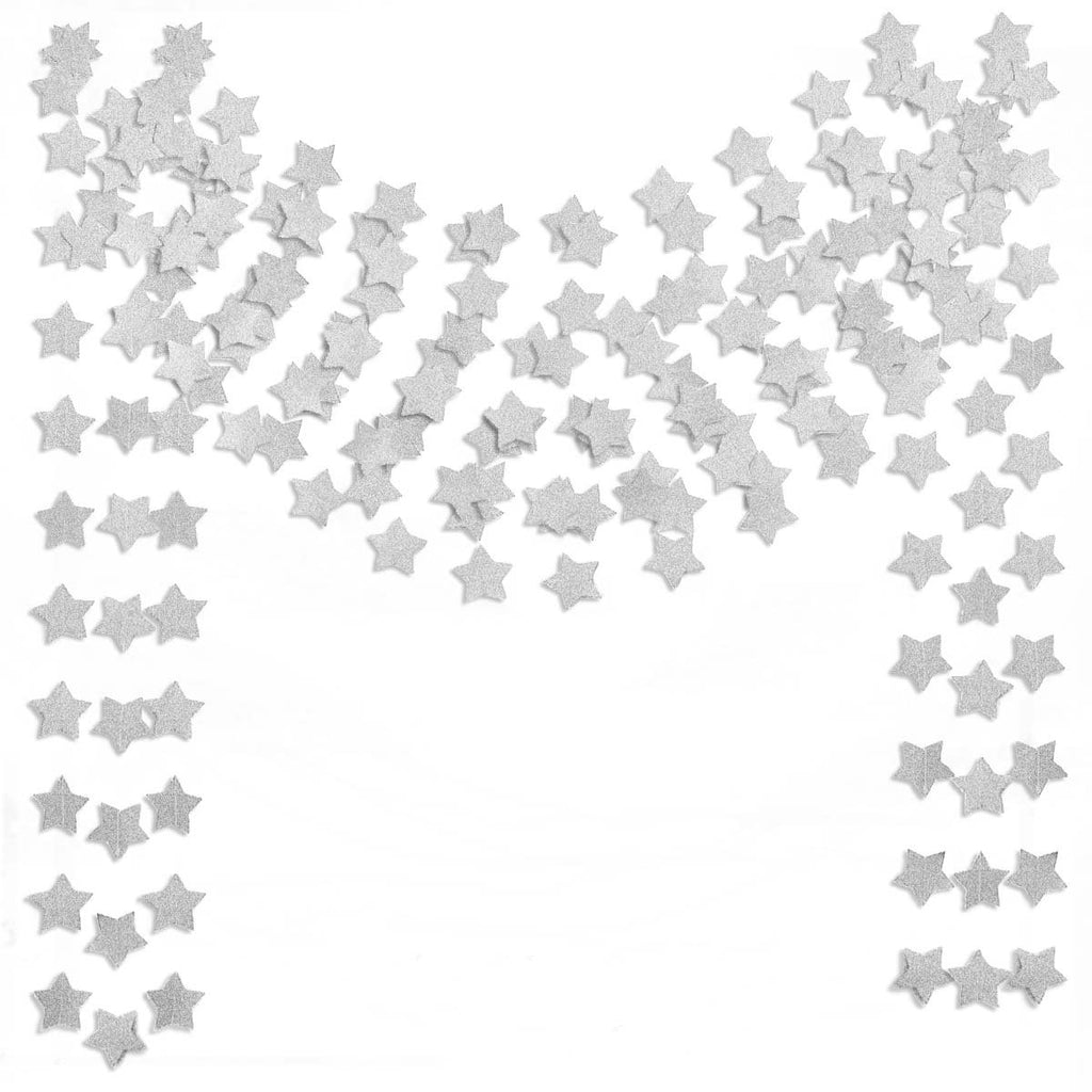 Silver glitter star paper garland scattered on a white background, showing the product's decorative elements.