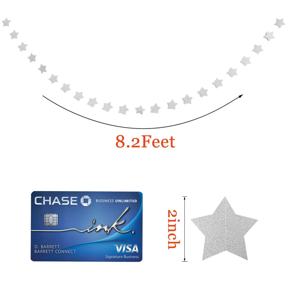 Silver glitter star garland shown with a credit card for scale, indicating 8.2 feet length and 2 inch star size.