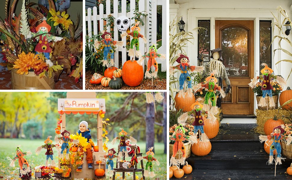 Collage of scarecrow decorations in fall and Halloween settings, including porch and garden displays.