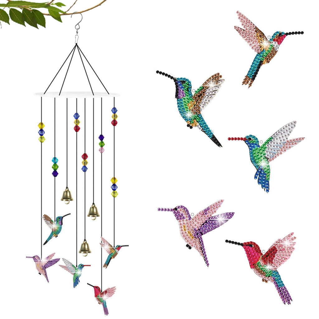 Diamond painting hummingbird wind chime with bells and beads hanging from a branch