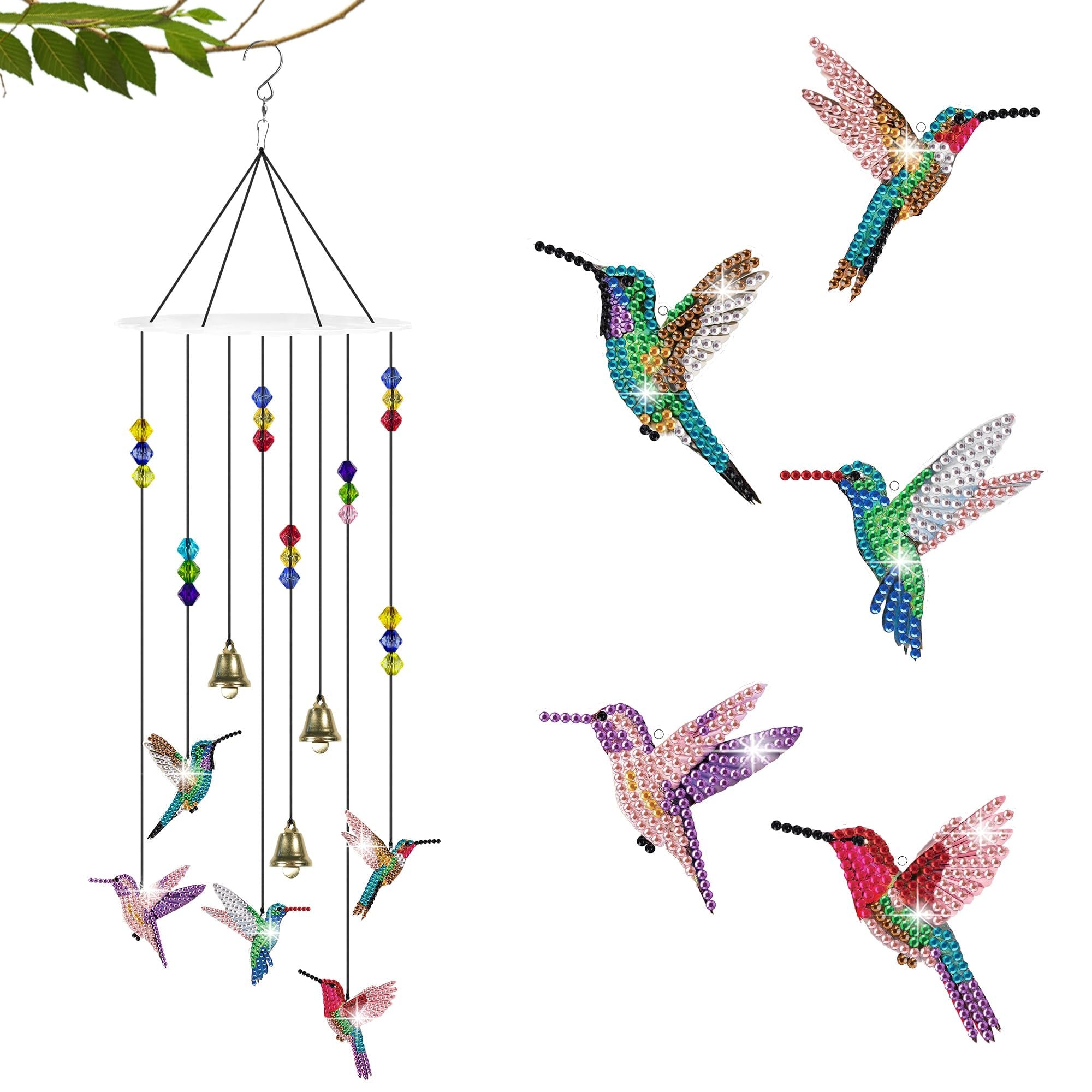 Diamond painting hummingbird wind chime with bells and beads hanging from a branch