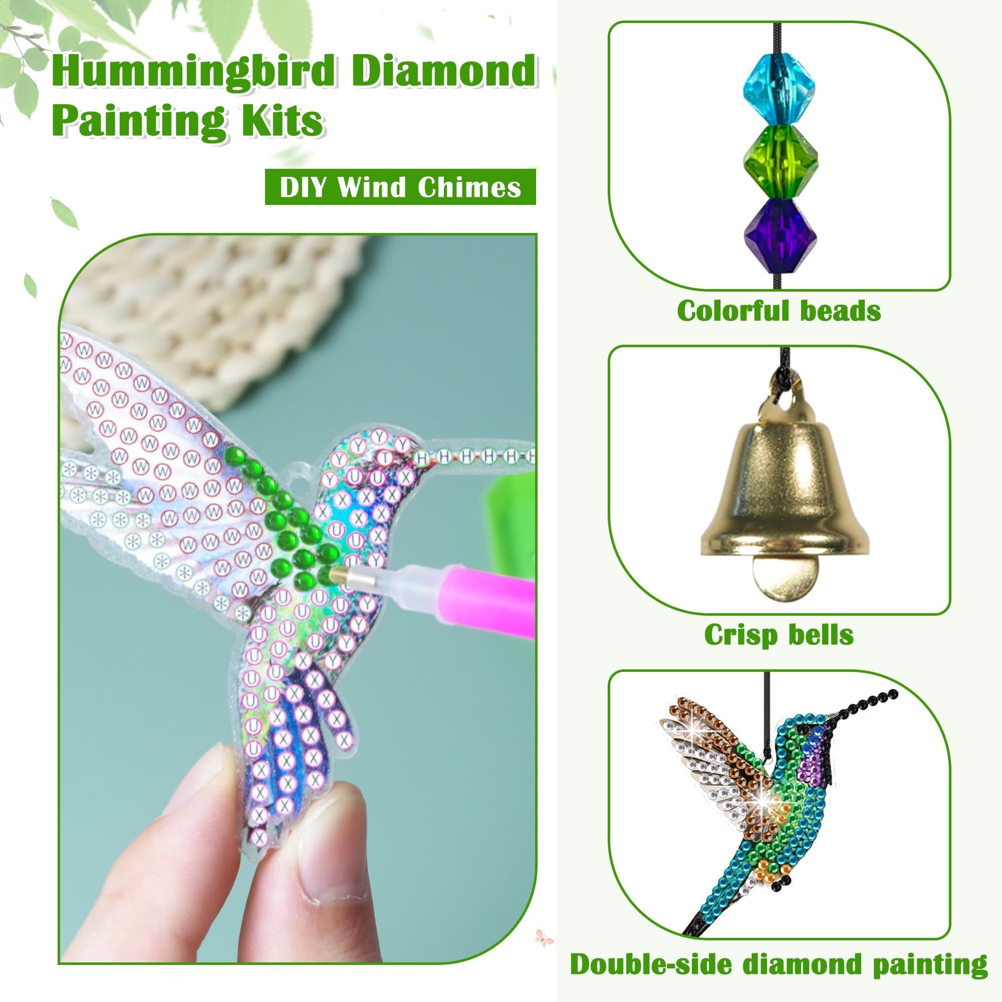 Hummingbird diamond painting kit components including colorful beads, a gold bell, and a partially completed diamond art hummingbird.