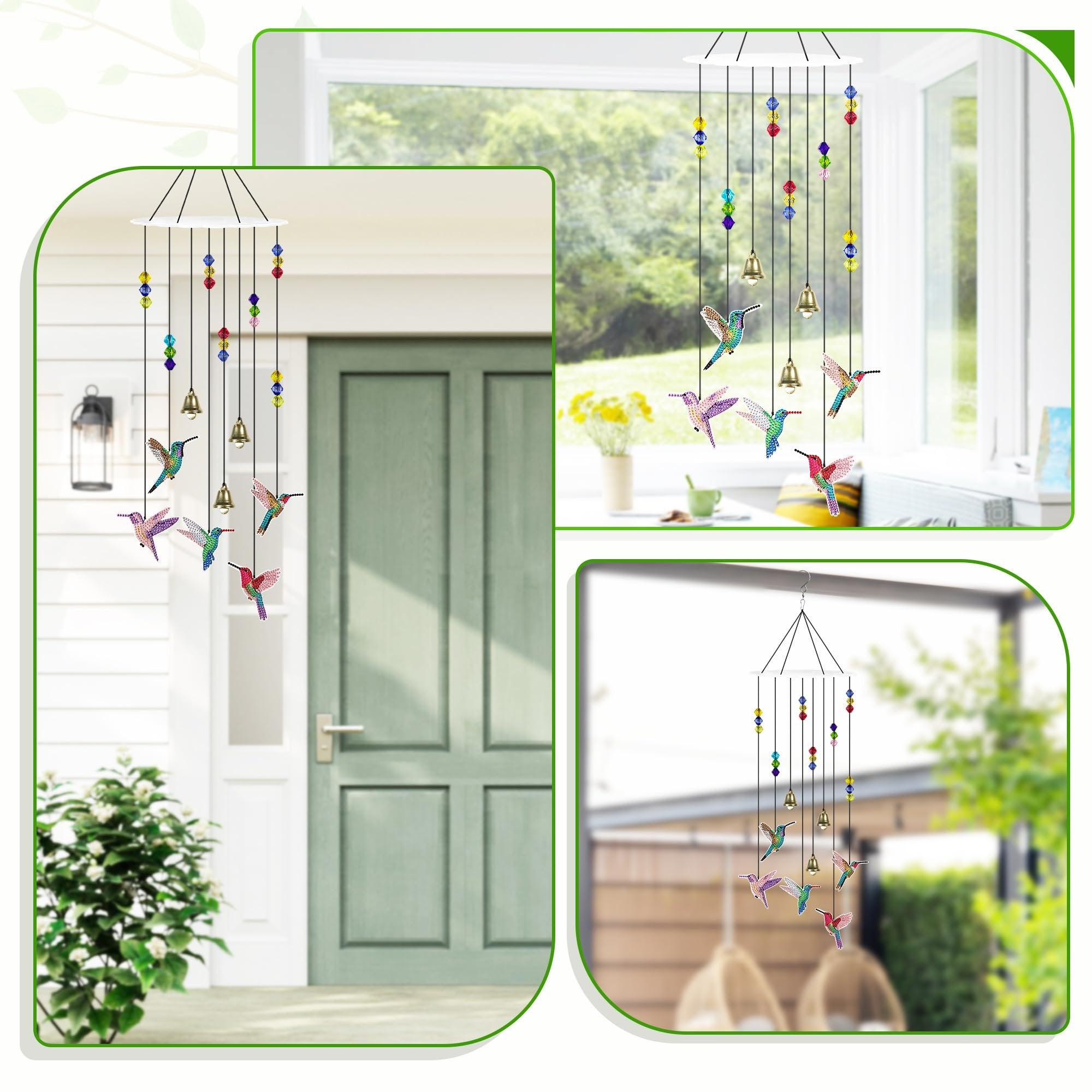 Diamond painting hummingbird wind chime with colorful beads and bells hanging on a porch and near a window.