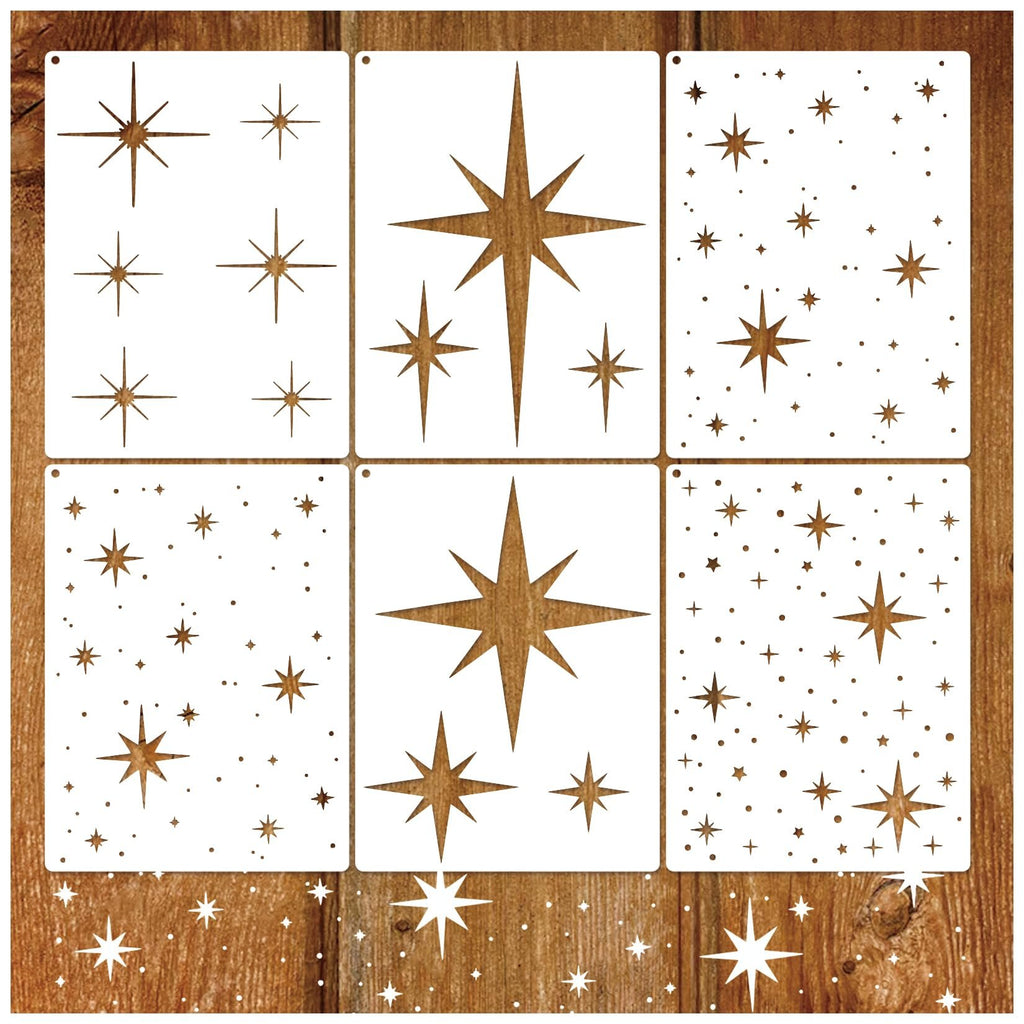 Six large star stencils with various star patterns on a wooden background