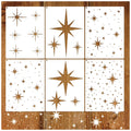 Six large star stencils with various star patterns on a wooden background