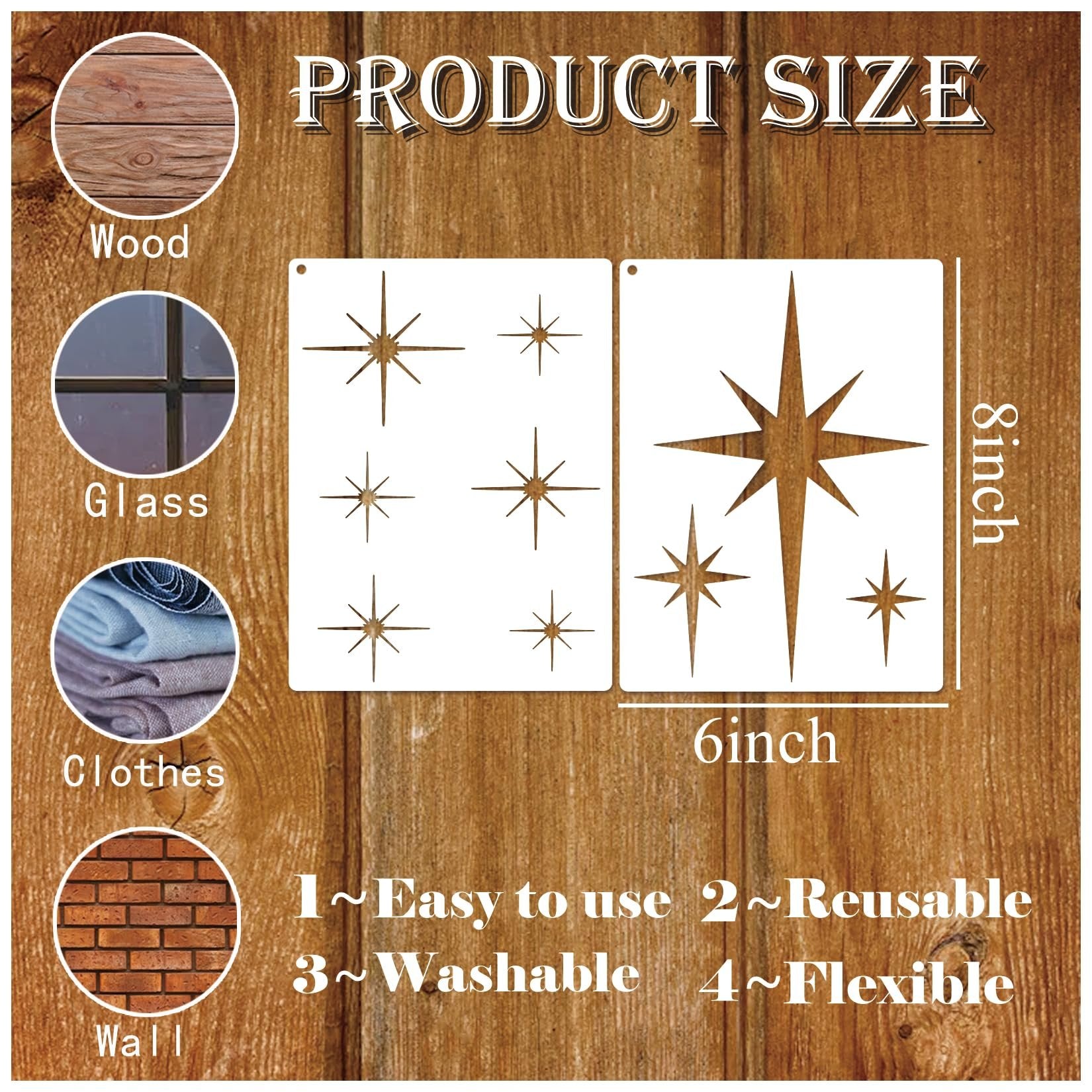 Two star stencils, one 6x8 inch with multiple small stars, the other 6x8 inch with one large star and smaller stars. Product size and application surfaces shown.