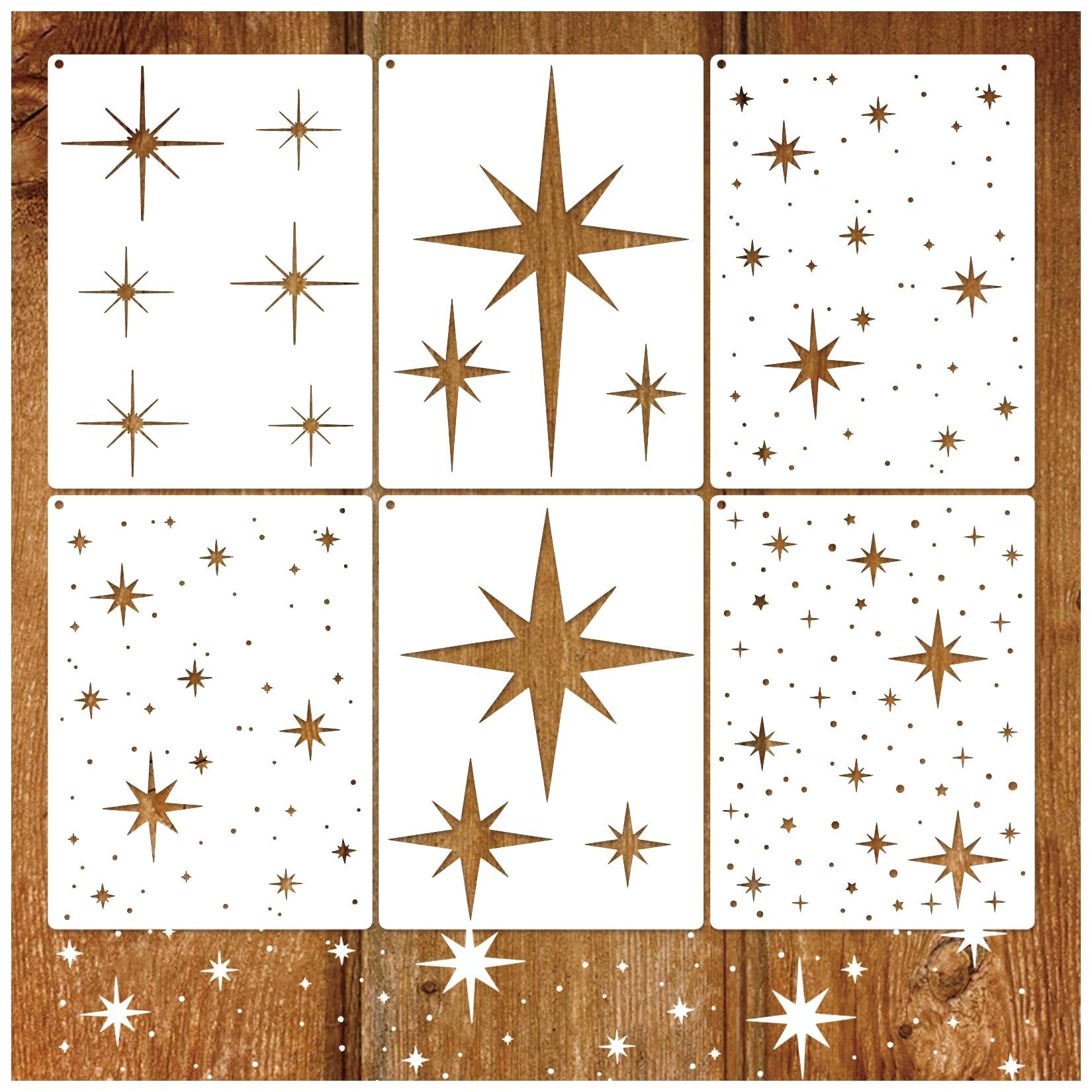 Six large star stencils with various star patterns on a wooden background