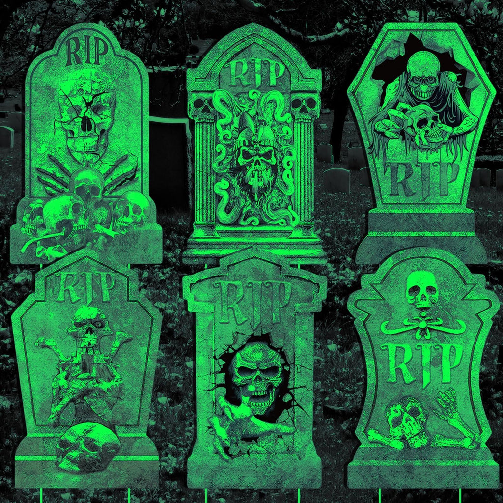 Six Halloween tombstone yard signs with RIP text and skull designs, glowing green against a dark background.