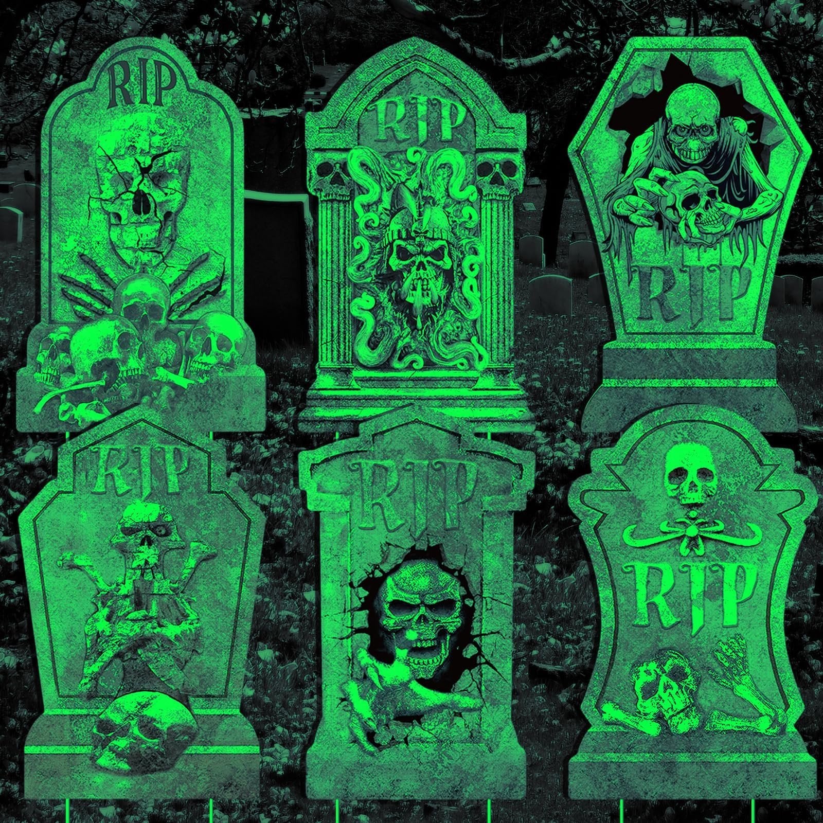 Six Halloween tombstone yard signs with RIP text and skull designs, glowing green against a dark background.