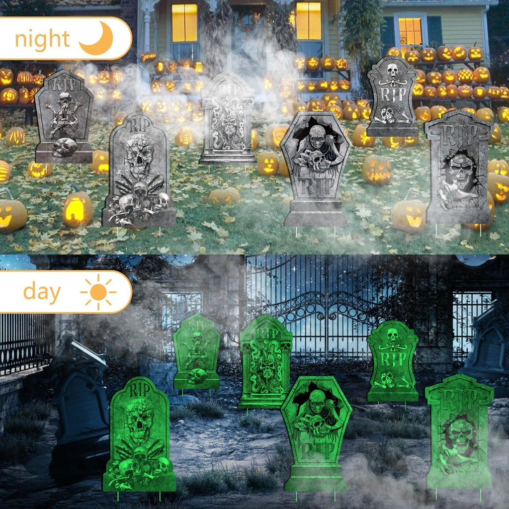 Halloween tombstone yard signs shown in day and night settings with pumpkins and a house.