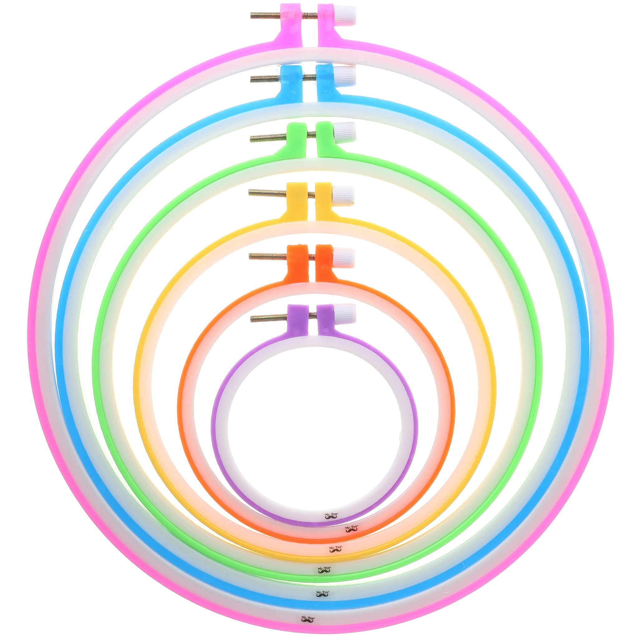 Set of six assorted color plastic embroidery hoops stacked on a white background.
