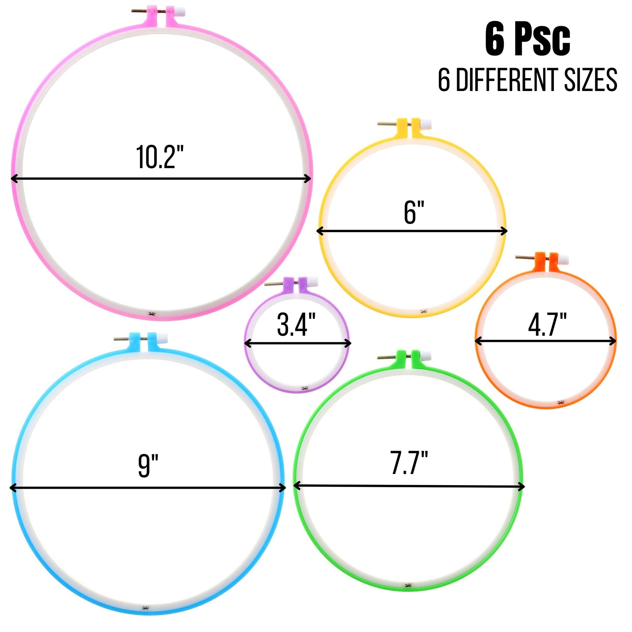 Set of 6 plastic embroidery hoops in assorted colors and sizes, with dimensions labeled.