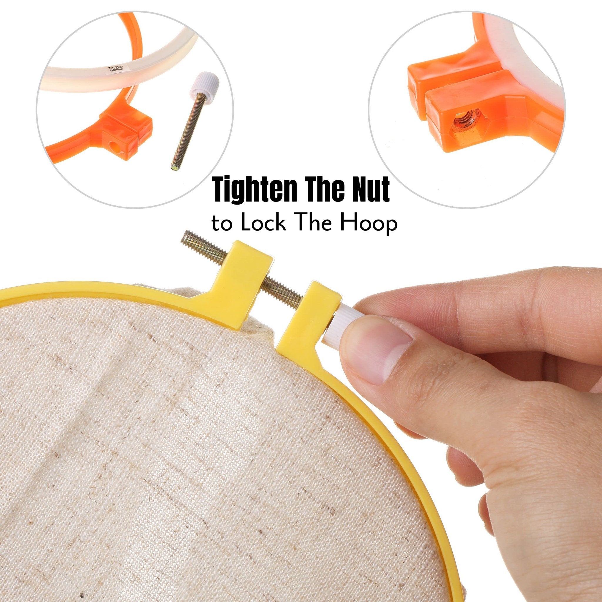 Close-up of a hand tightening a yellow embroidery hoop with fabric, showing inset views of hoop components and instructions.