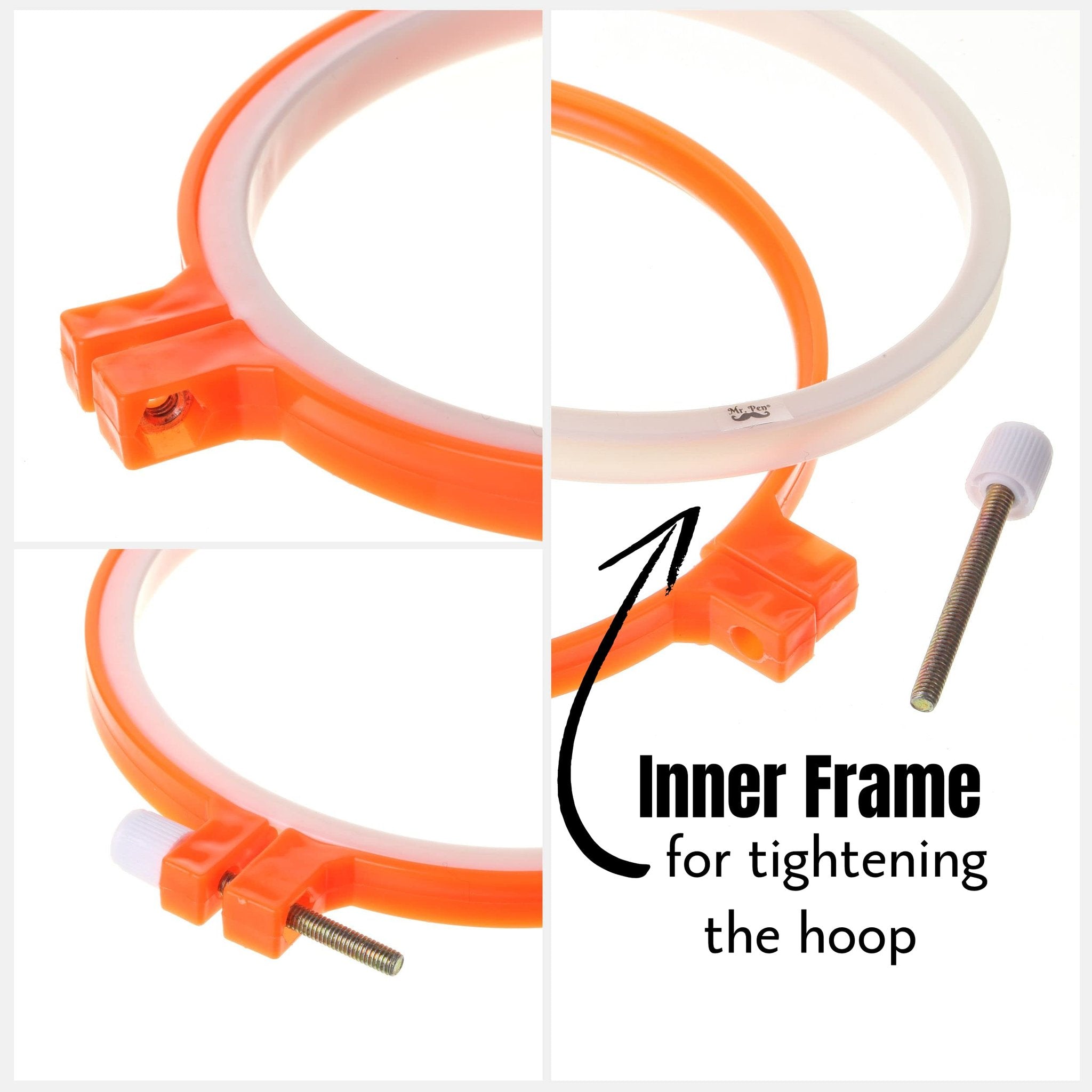 Collage of an orange and white plastic embroidery hoop, showing close-ups of the tightening screw and a label with a mustache logo.