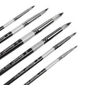 Set of six round pointed tip paint brushes with silver ferrules and white handles, sizes 2-12 visible.